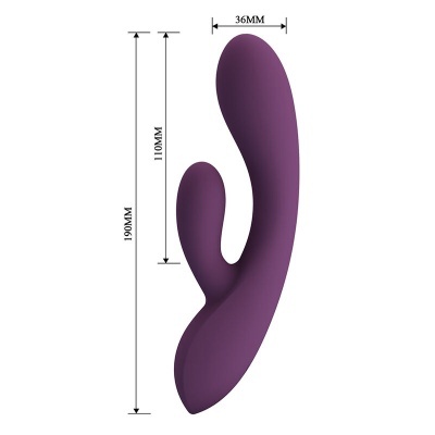 Vibrador roxo com duas partes curvas e medidas visíveis