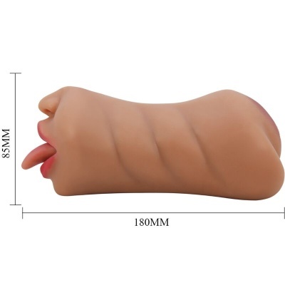 Objeto em forma de boca cor pele com língua exposta e medidas 85MM x 180MM