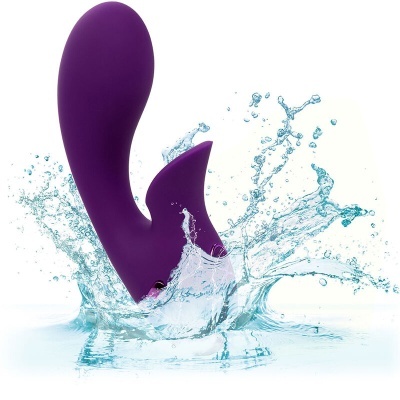 Vibrador roxo com formato curvado e salpicos de água