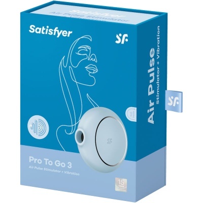 Caixa azul e dispositivo branco Satisfyer Pro To Go 3 Air Pulse