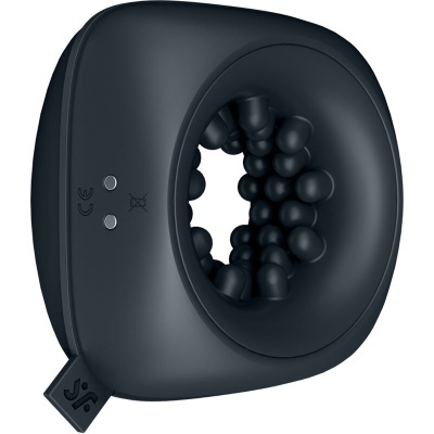 Dispositivo preto com interior de esferas arredondadas e símbolos na lateral