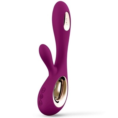 Vibrador roxo em silicone com detalhes dourados e design anatómico