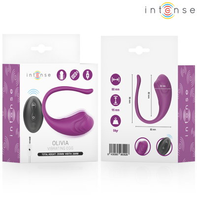 Embalagem do Vibrating Egg Olivia da Intense, dispositivo vibratório roxo com controlo remoto preto e especificações técnicas indicadas.