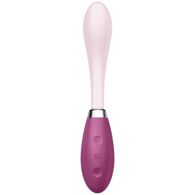 Vibrador pessoal em silicone rosa claro e plástico roxo escuro com botões e detalhe metálico