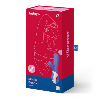 Embalagem de vibrador Satisfyer Magic Bunny em vermelho e azul com vibrador roxo visível