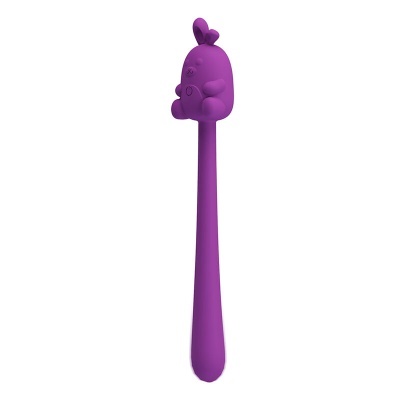 Colher roxa de silicone com figura de personagem na ponta