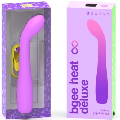 Vibrador g-spot roxo na embalagem transparente com cabo amarelo e caixa lilás com texto