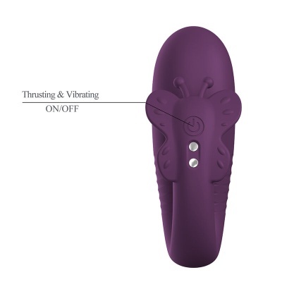Vibrador roxo em silicone com botão de ligar/desligar e formato de borboleta