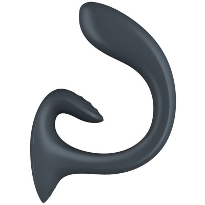 Produto curvo cinzento escuro em silicone com texturas na ponta, sobre fundo branco.