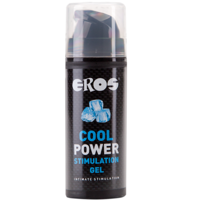 Frasco preto com gel de estimulação íntima EROS com cubos de gelo no rótulo