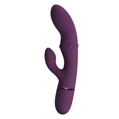 Vibrador roxo com design curvo em silicone e botões circulares