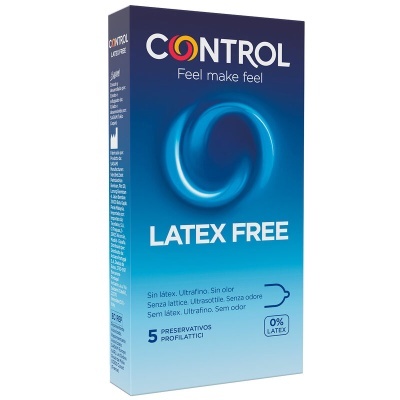 Embalagem azul e branca de preservativos Control sem látex