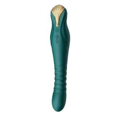 Vibrador verde com detalhe dourado e botões de controlo