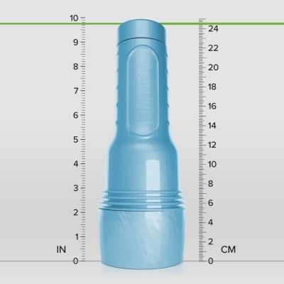Frasco azul de plástico com tampa e ranhuras, medido contra régua