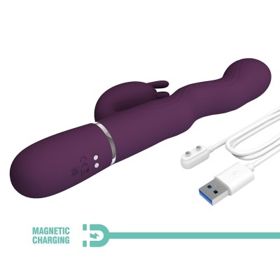 Vibrador roxo em silicone com carregador USB branco e texto MAGNETIC CHARGING