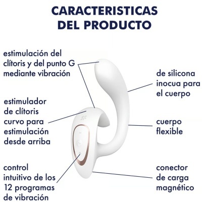 Estimulador sexual branco de silicone com texto detalhando características em espanhol