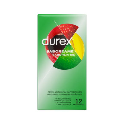Embalagem verde de preservativos Durex com design circular colorido e texto em português.