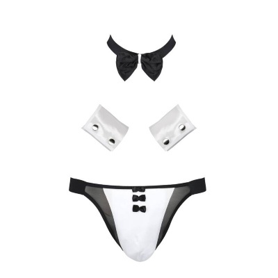Conjunto de lingerie masculino branco e preto com laços e punhos decorativos