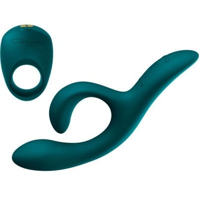 Acessórios sexuais de silicone verde-azulado com anel vibratório e estimulador curvo