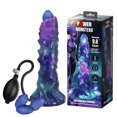 Dildo texturizado roxo e azul com acessórios e embalagem