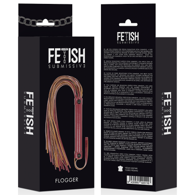 Embalagem preta com flogger FETISH SUBMISSIVE e texto FLOGGER