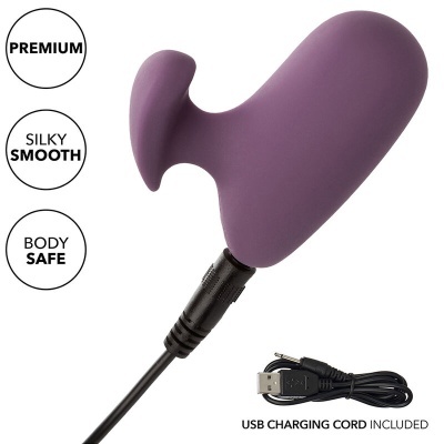 Dispositivo roxo com cabo USB e texto promocional