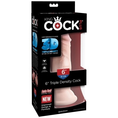 Embalagem preta de dildo King Cock Plus 3D de 15 cm com texto e imagem do produto