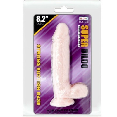 Dildo bege claro de 8,2 polegadas com base de sucção em embalagem roxa.