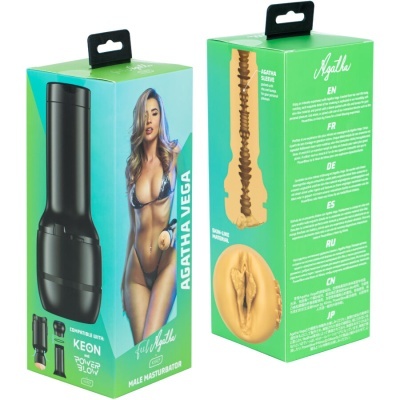 Caixa de masturbador masculino AGATHA VEGA com imagem de mulher e detalhes do produto em várias línguas