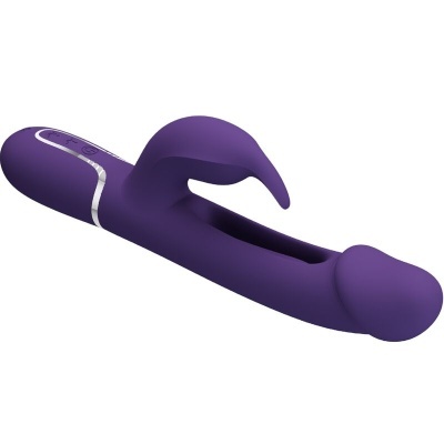 Vibrador roxo ergonómico com duas pontas e botão prateado