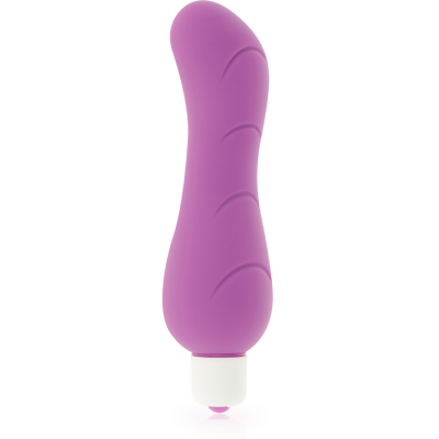 Vibrador roxo com base branca e linhas curvas