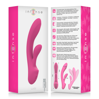 Embalagem do vibrador Intense Luigi rosa com detalhes e instruções na parte traseira.