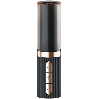 Microfone sem fio preto com base texturizada e botões dourados