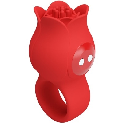 Anel vermelho em silicone com formato de flor e pequenos protetores na parte superior