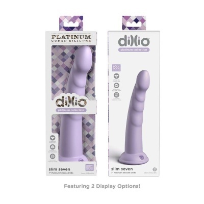 Dildo lilás Dilio Platinum Slim Seven em duas embalagens diferentes