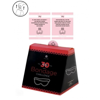 Caixa preta e vermelha do desafio Bondage com venda para olhos e instruções em dois idiomas