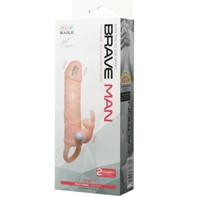 Embalagem de vibrador cor de pele com texto Brave Man e detalhes do produto