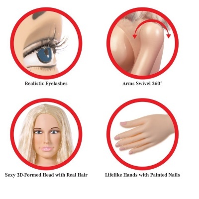 Características de boneca com pestanas, braços giratórios, cabeça 3D com cabelo real e mãos com unhas pintadas