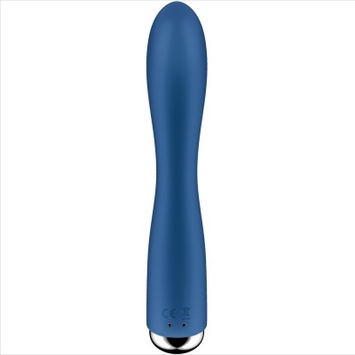 Vibrador azul com botão cromado na base, fundo branco