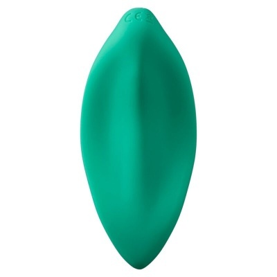 Objeto verde de silicone oval com símbolos CE e reciclagem no topo