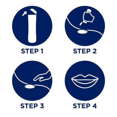 Instruções em quatro passos em ícones brancos sobre fundo azul