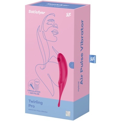 Embalagem cor-de-rosa e azul do vibrador Satisfyer Twirling Pro