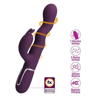 Vibrador roxo com design anatómico e orelhas tipo coelho, botões e referências de funções na lateral