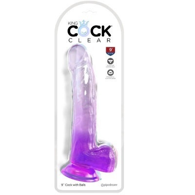 Brinquedo sexual transparente roxo em embalagem plástica com texto KING COCK CLEAR