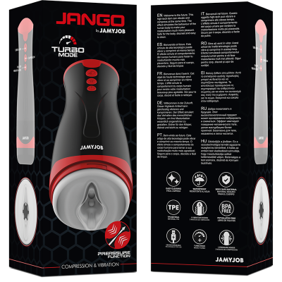 Embalagem do JANGO by JAMYJOB com dispositivo preto e vibrador branco e rosa, texto multilingue e ícones informativos