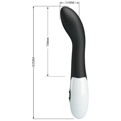 Vibrador preto e branco com medidas indicadas
