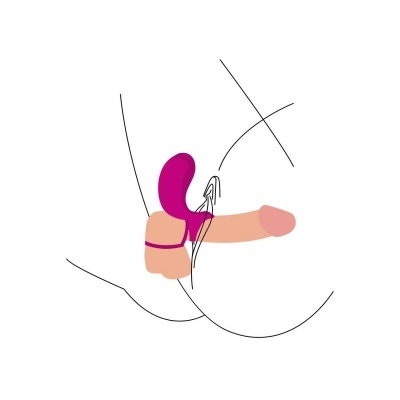 Desenho digital de brinquedo sexual cor-de-rosa com arnês sobre fundo branco e linhas pretas.