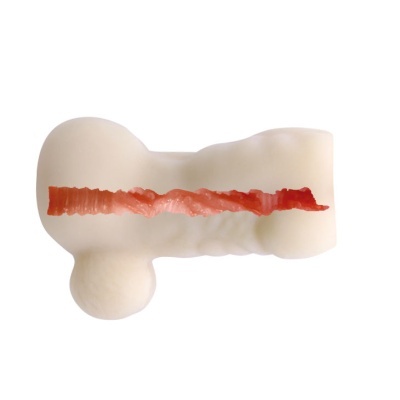 Osso para cães branco com faixa vermelha central.