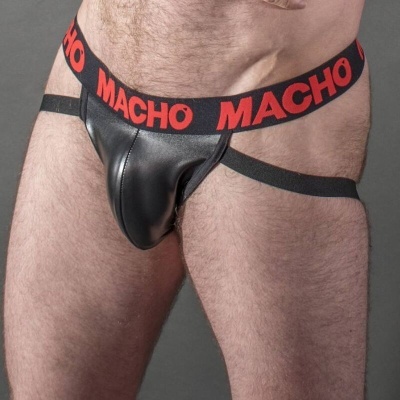 Cueca jockstrap preta em material tipo couro com faixa preta e vermelha 'MACHO'