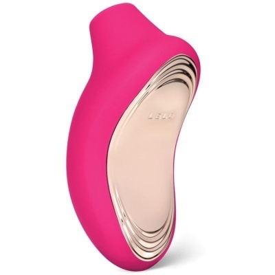 Vibrador rosa com detalhes dourados e palavra LELO
